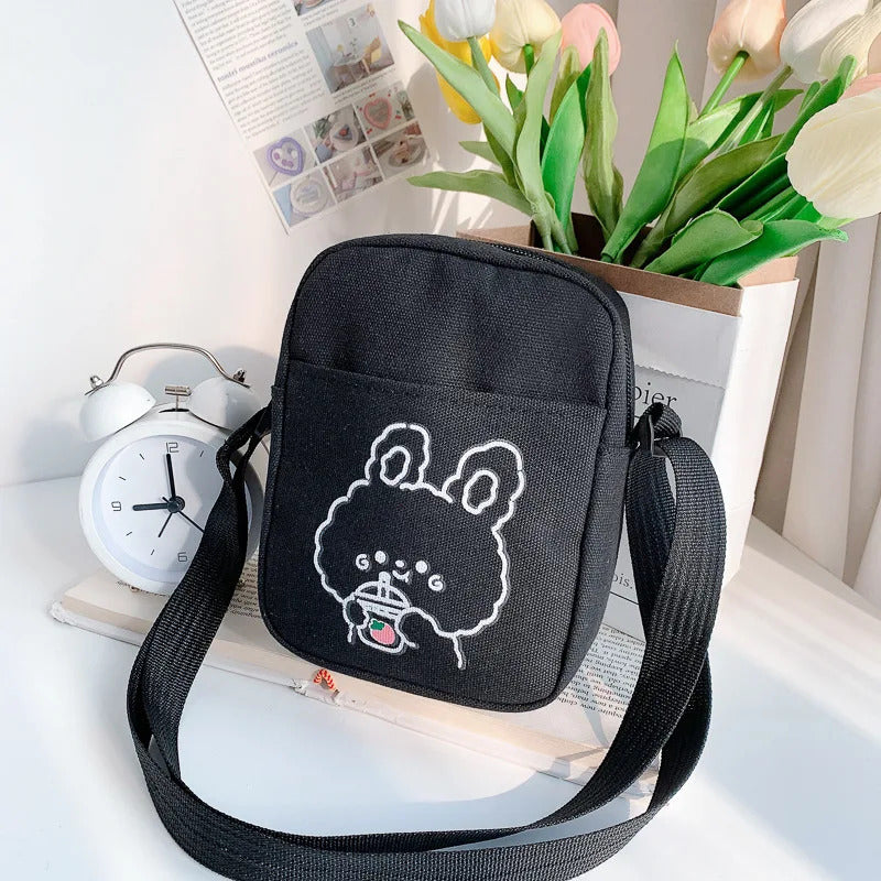 Cute Bear Rabbit Print Crossbody Bags For Women Girls Mini Canvas Square Purse Trendy Cartoon Handbags Shoulder Phone Bag New