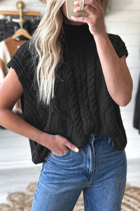 Black Solid Color Cable Knit High Neck Sweater Vest