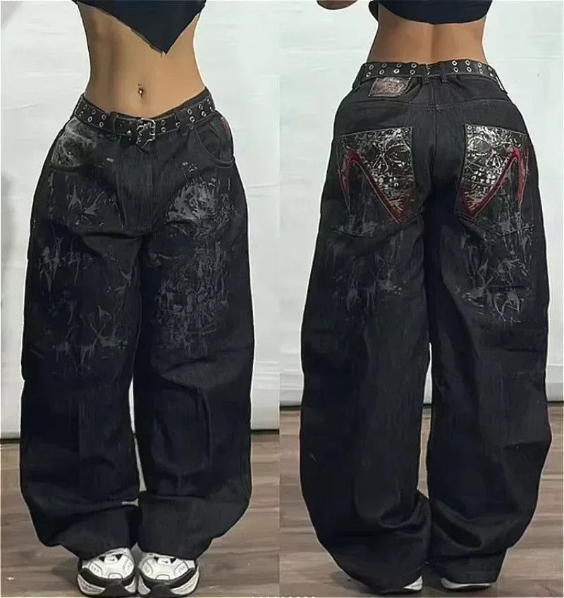 Street Fashion Trend Skull Embroidered Jeans Women Harajuku Y2K New Hip Hop Joker Straight Wide-leg Pants Couple Casual Jeans