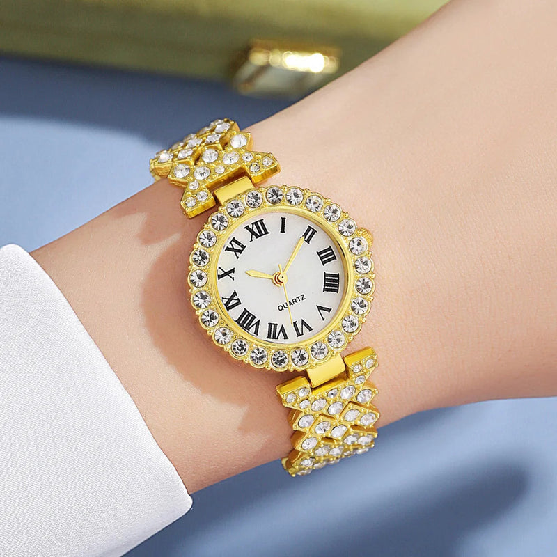 Fashion Luxury Women Gold Watch Bracelet Necklace 6Pcs Set Ladies Diamond Quartz Wristwatch Valentine's Day Mother's Day Gift