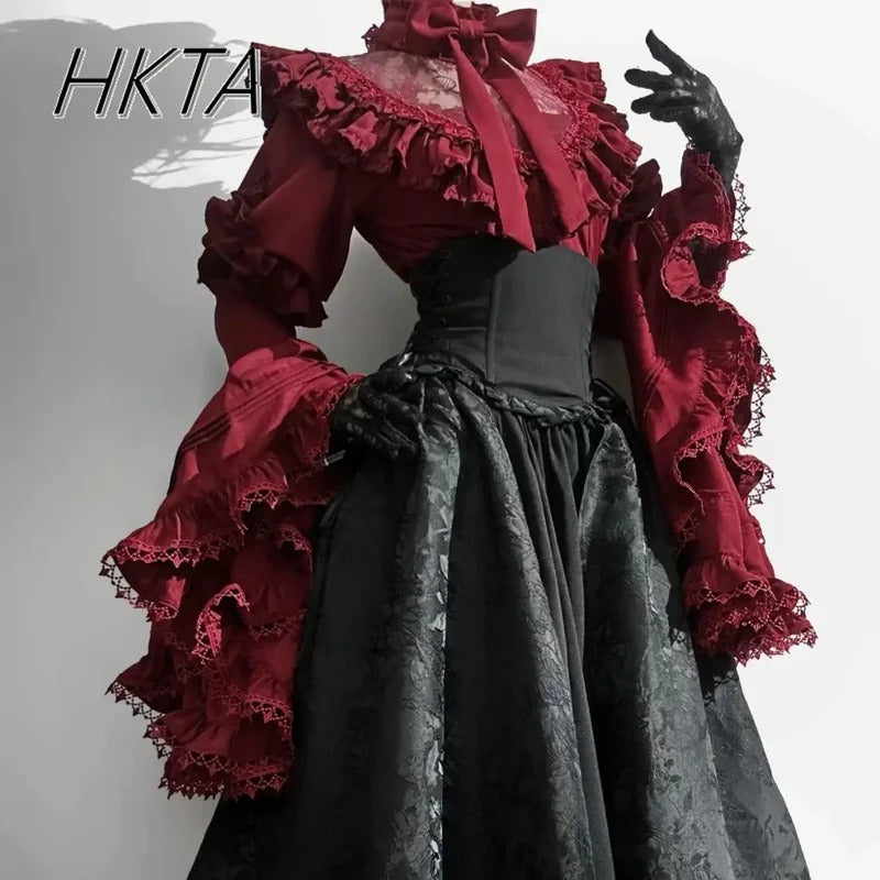 Gothic Shirt Y2k Top Lolita Girls Ruffle Umbrella Skirt High Waist Oversized Long Skirt Horn Long Sleeve Student Elegant Blouse