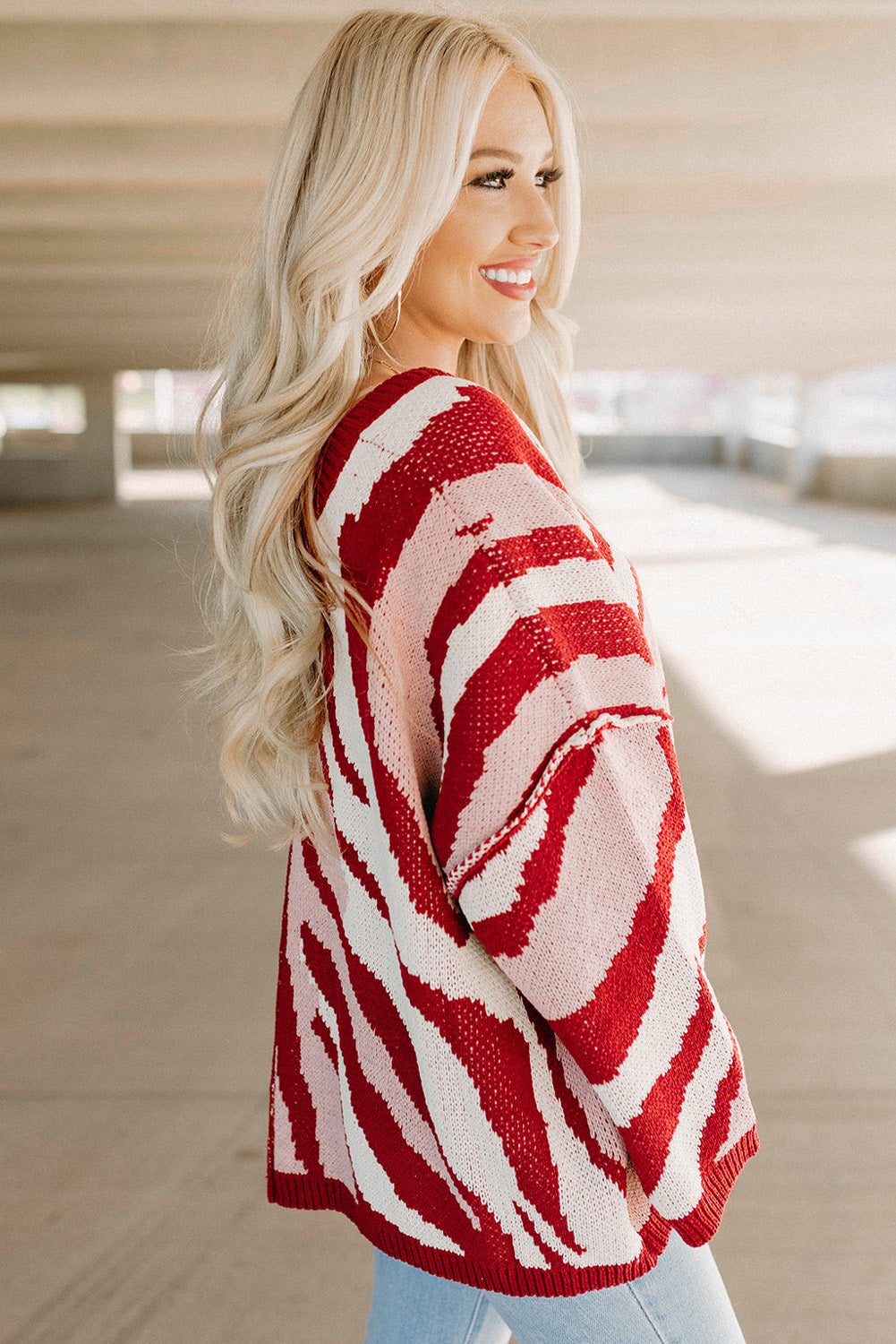 Red Mix Pattern Knit Ribbed Trim Oversize Sweater