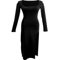 Sexy Side Slit Dress for Women Tight-fitting Wrap Hip Over-the-knee Long Sleeved Dresses Black Street Bodycon Spring Autumn