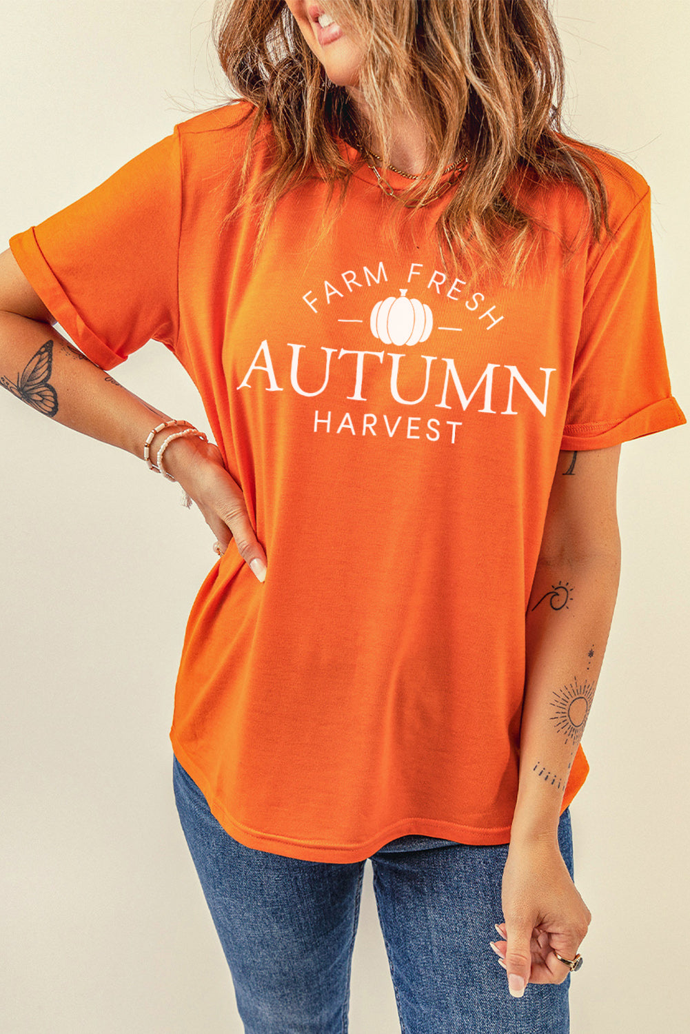 Orange FARM FRESH AUTUMN Harvest Pattern Crew Neck T Shirt