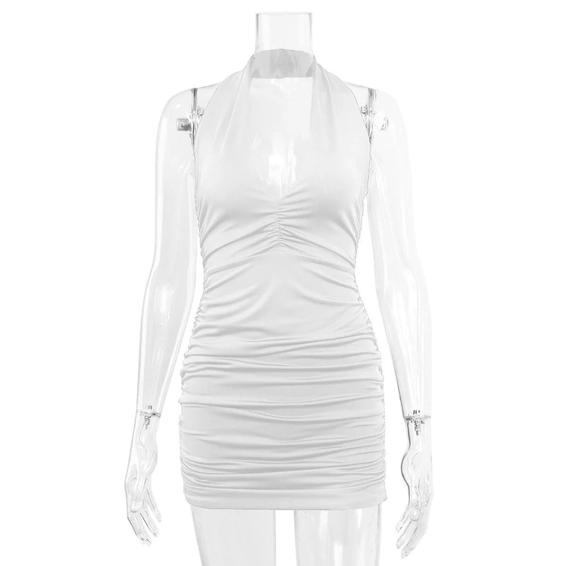 Fairyshely Sexy Ruffle V Deep Evening Party Dress 2025 Summer Short White Halter  Dresses Women Tight Club Mini Dress Clubwear