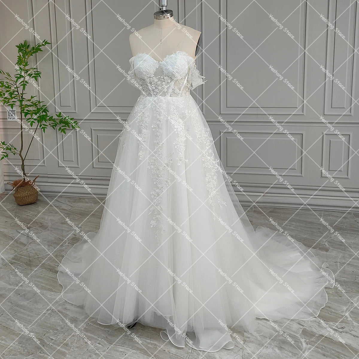 Luxe Shimmer Tulle Off Shoulder Wedding Dress with Embroidered 3D Flowers Sweetheart Puffy Lace Up Customized Bridal Gowns