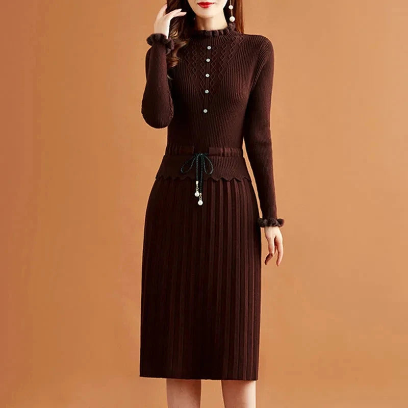 Pleated Knitted Dress Bottoming Sweater Dresses Fake Two Pieces Women Vintage Elegant Long Sleeve Fall Casual Slim Midi Vestidos