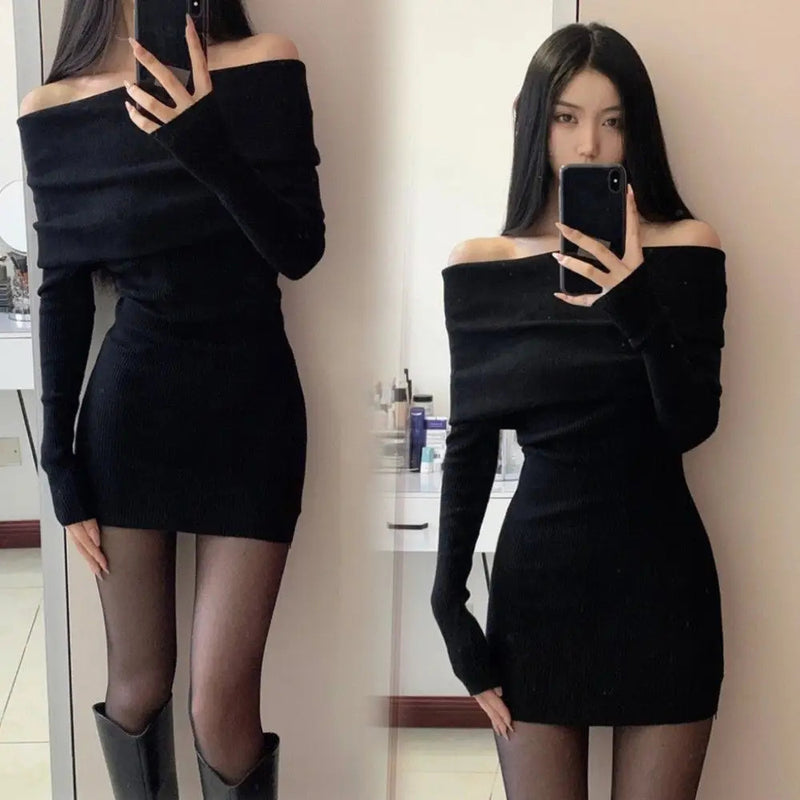 Sexy Dresses Women Backless Knitting Slim Y2k Girls Tender Korean Style Soft Casual Autumn Slash Neck Hotsweet Cozy New Clubwear