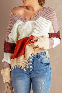 Gray Colorblock Distressed Sweater