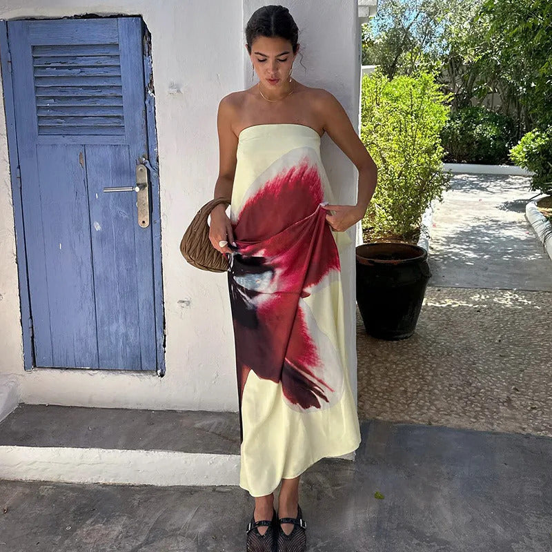 JULISSA MO Sexy Strapless Print Floral Belt Women Maxi Dress Yellow Backless Vacation Dress Autumn Loose Elegant Party Beachwear