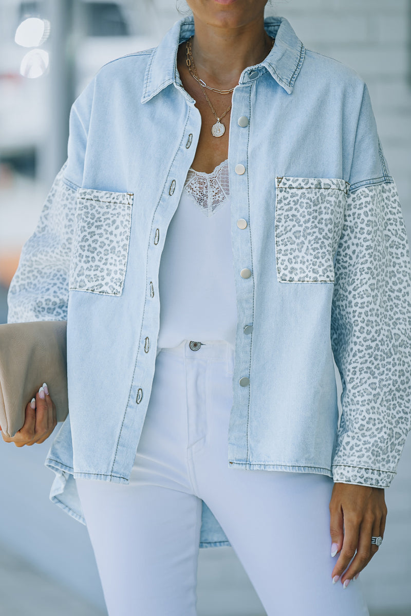 White Contrast Leopard Denim Jacket