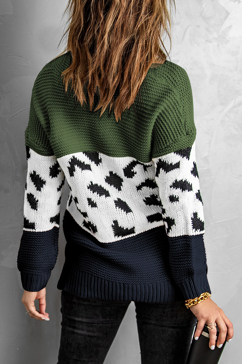 Green Turtleneck Splicing Chunky Knit Pullover Sweater