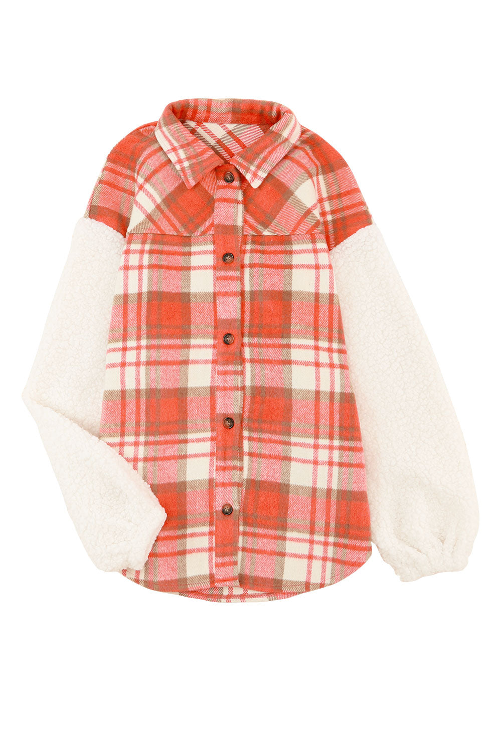 Fiery Red Sherpa Sleeve Plaid Print Shacket