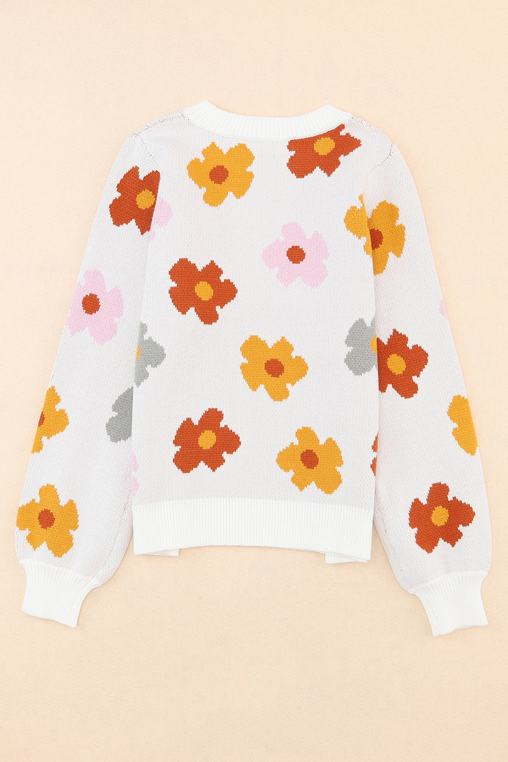 Pink Sweet Flower Knitted Ribbed Hem Sweater