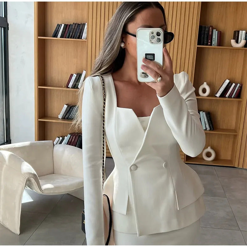 Elegant White Square Collar Long Sleeve High Waist Top Skirt Set Women Fashion Solid Slim Fit Suits 2025 Lady Chic Party Outfits