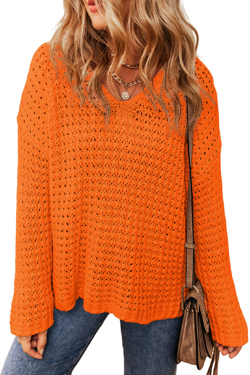 Carrot Hollow-out Crochet V Neck Sweater