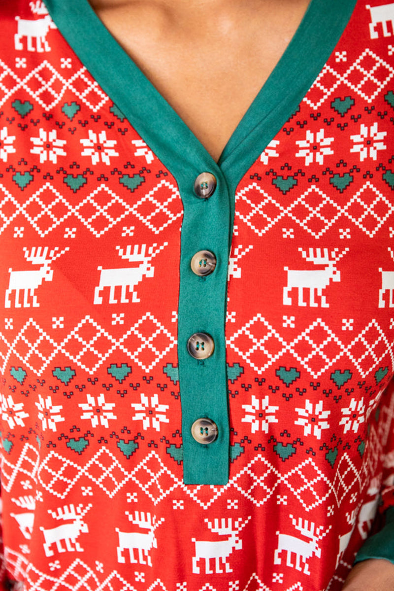 Fiery Red Christmas Print Henley Top Pajama Set