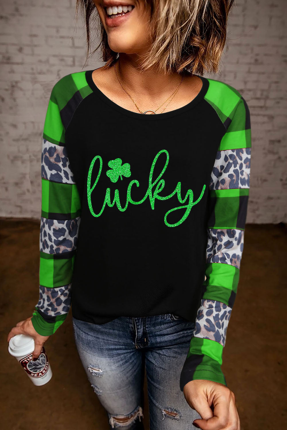 Green Lucky Clover Glitter Graphic Leopard Plaid Splicing Top