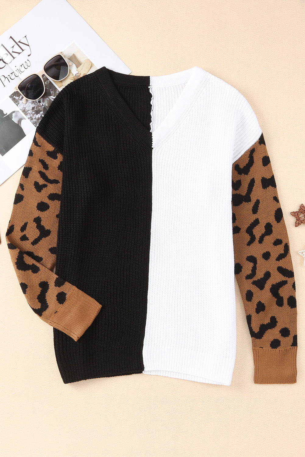 Leopard Print Contrast Color V Neck Sweater