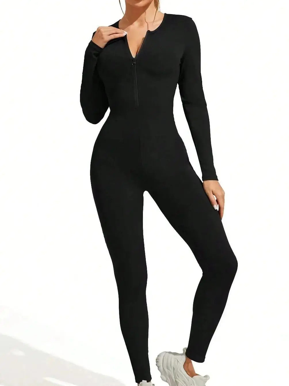 Fall new hot sale sexy bodysuit for women solid color ribbed long sleeve zipper bodycon sporty clothing rompers women's jumpsuit