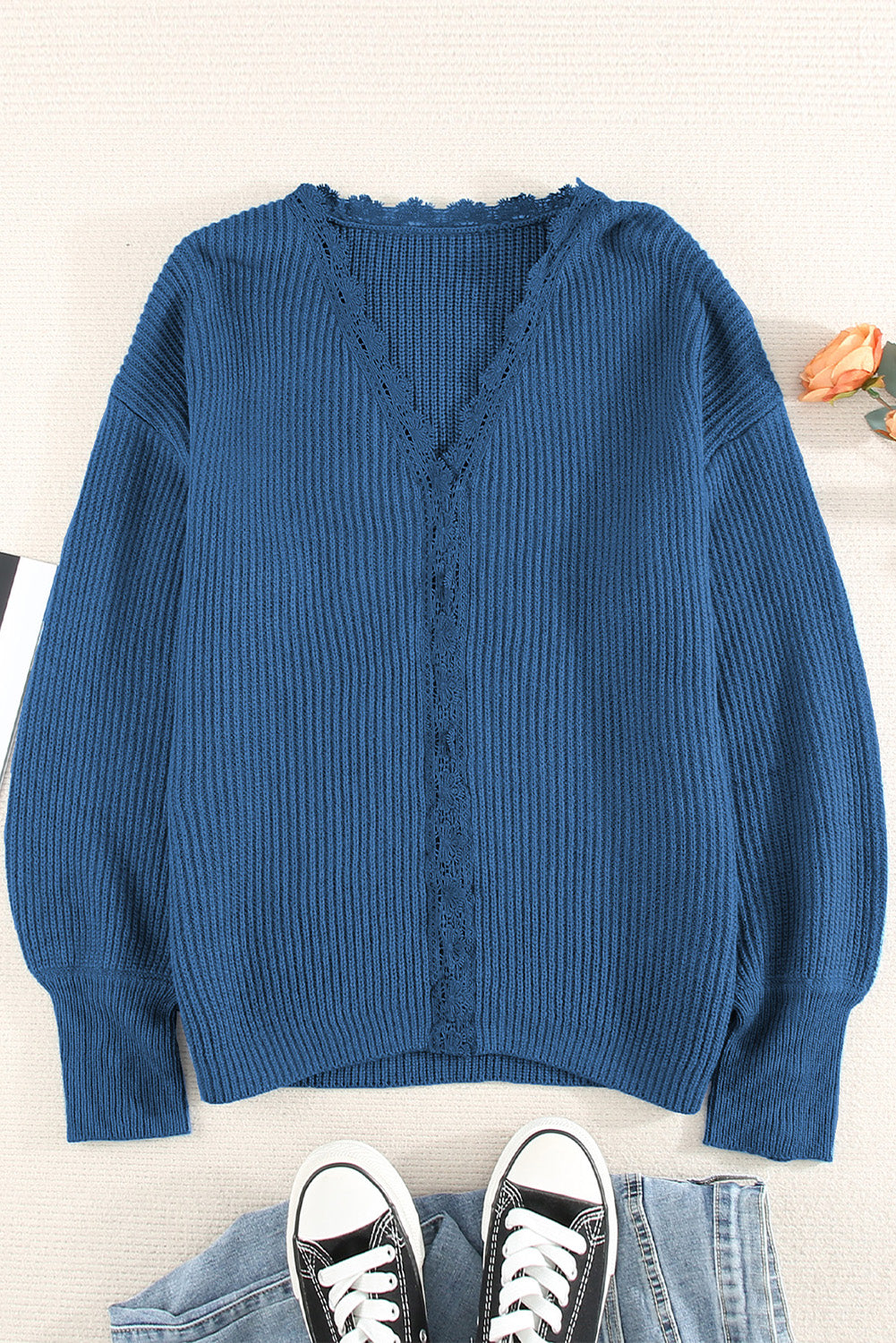 Blue Lace V Neck Knitted Pullover Sweater