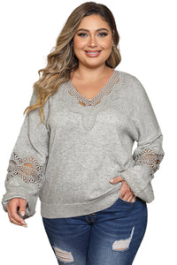 Gray Plus Size Hollowed Lace Splicing V Neck Sweater