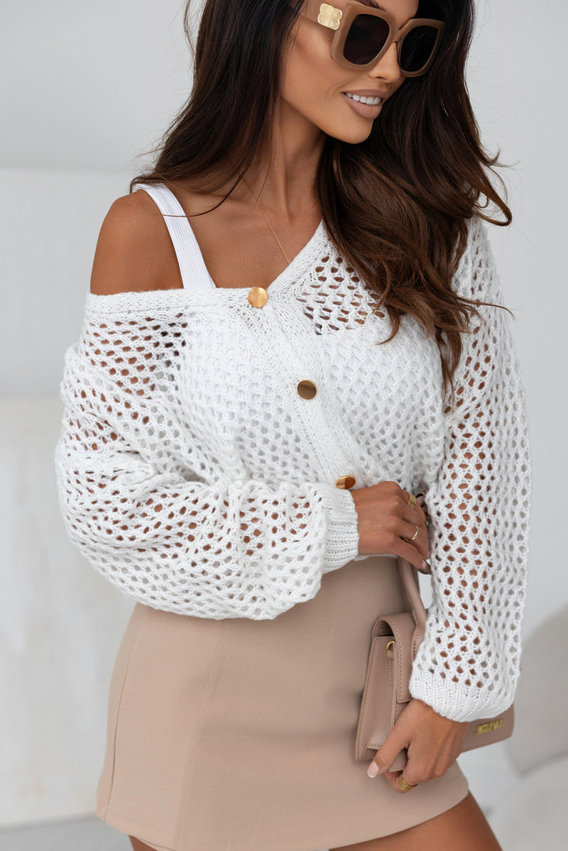 White Hollowed Knit Dolman Sleeve Sweater Cardigan