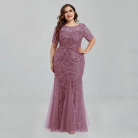 Women Plus Size Sequin Mesh Embroidery Mermaid  Evening Dress Formal Short Sleeve Elegant Party Prom Gowns 2020 New Long Dress