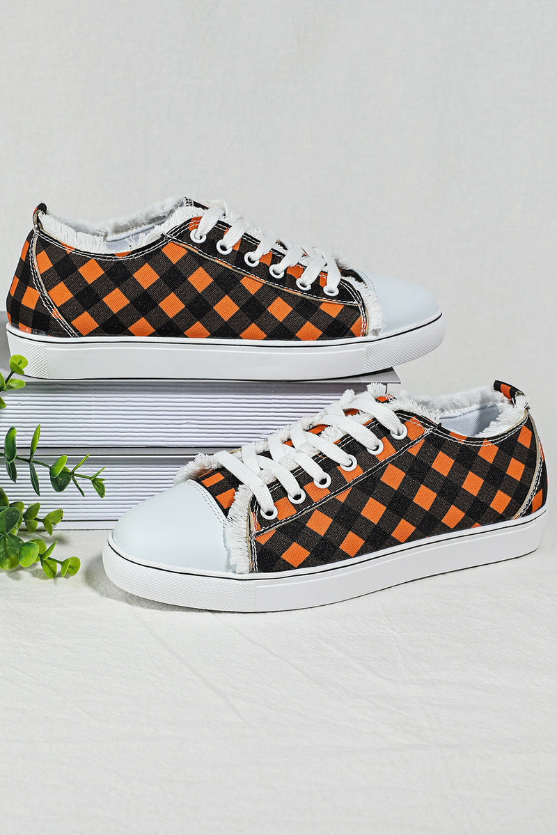 Orange Plaid Frayed Trim Lace-up Shoes