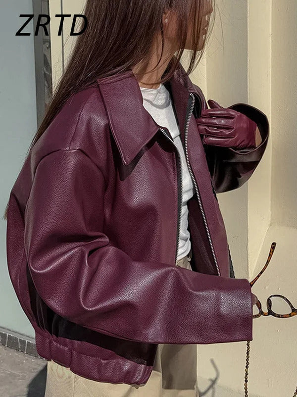 Elegant Burgundy Faux Leather Jackets Women Fashion Lapel Zipper Long Sleeve Female Coats 2024 Autumn Winter Lady Street Outwear