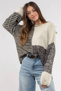 Black Neutral Colorblock Tie Back Sweater