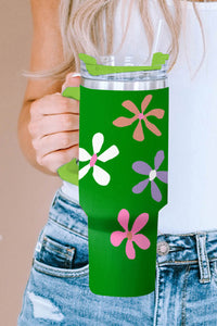 Dark Green Floral Print Stainless Steel Tumbler with Handle 1200ml