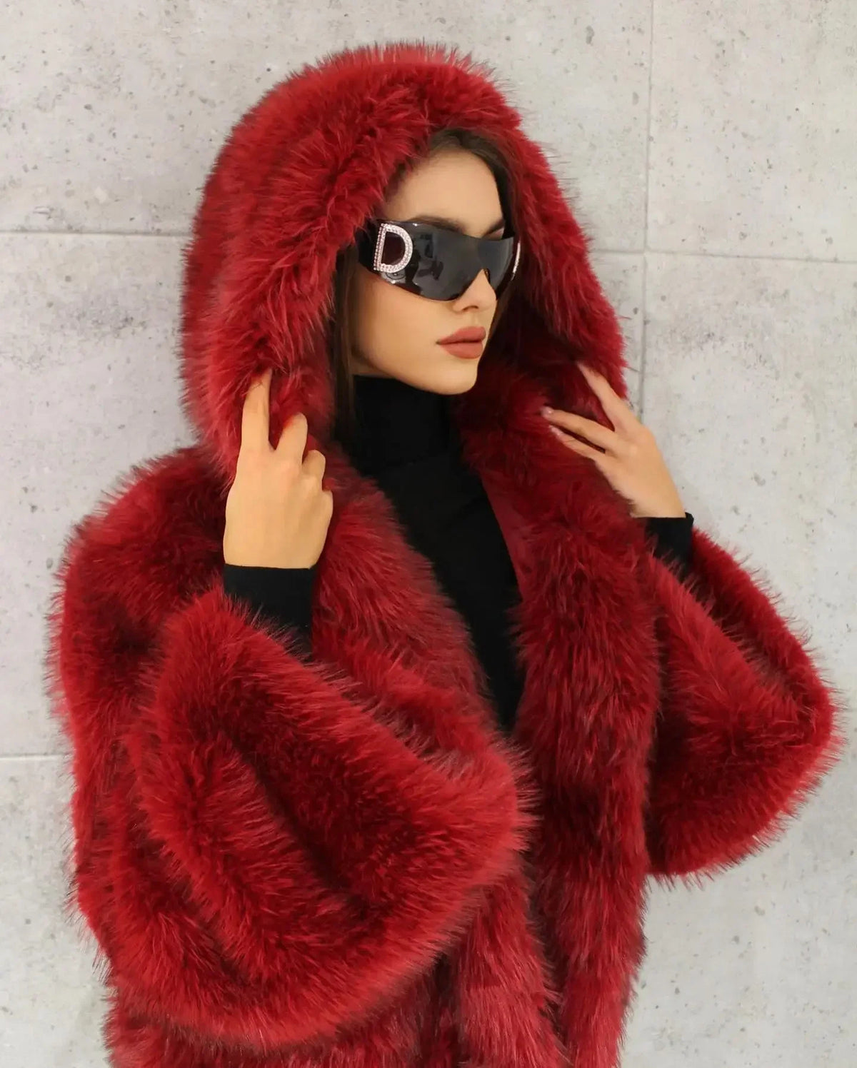 Women Fashion Turn-down Collar Winter Warm Jacket 2025 Christmas Red Hooded Fluffy Faux Fur Coats Casual High Street Outerwear