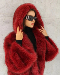 Women Fashion Turn-down Collar Winter Warm Jacket 2025 Christmas Red Hooded Fluffy Faux Fur Coats Casual High Street Outerwear