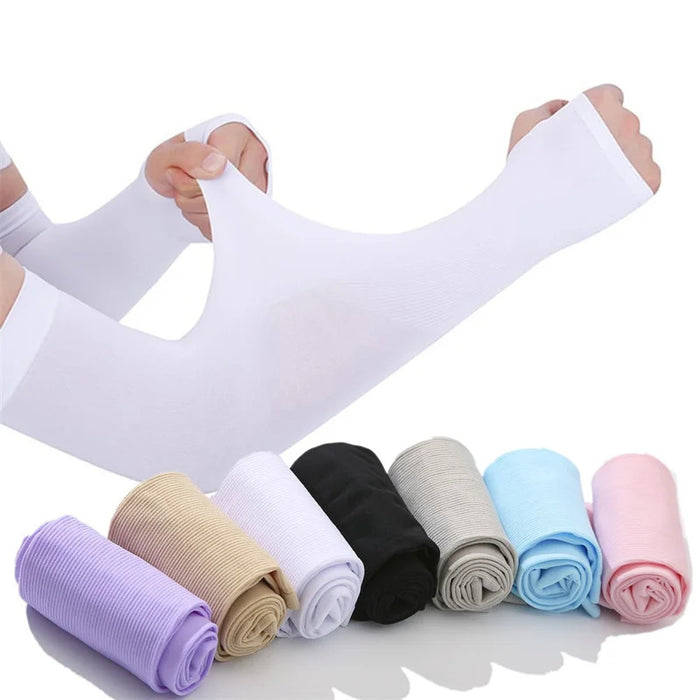 1 Pair Summer Long Ice Silk Arm Sleeves Sun UV Protection Hand Protector Cover Sunscreen Outdoor Elastic Half Finger Gloves Set