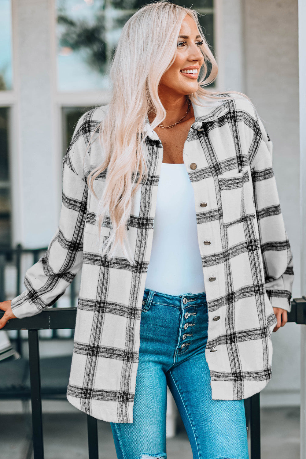 Black Plaid Pattern Buttoned Shirt Coat with Slits