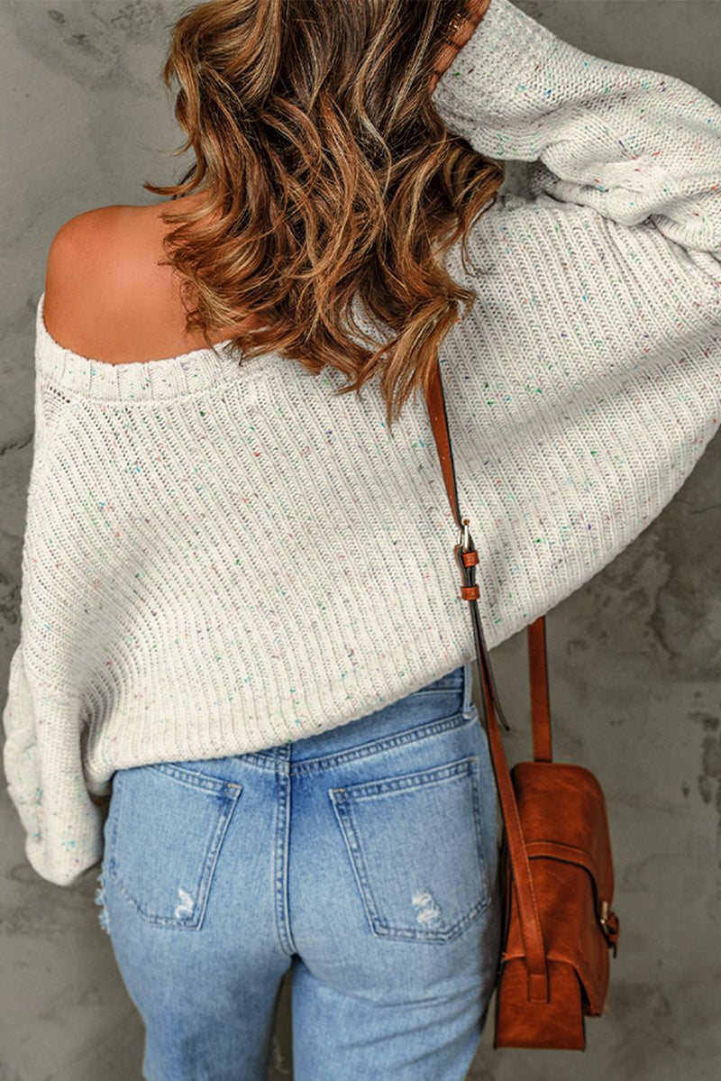 White Multicolor Pilling Detail Pullover Sweater