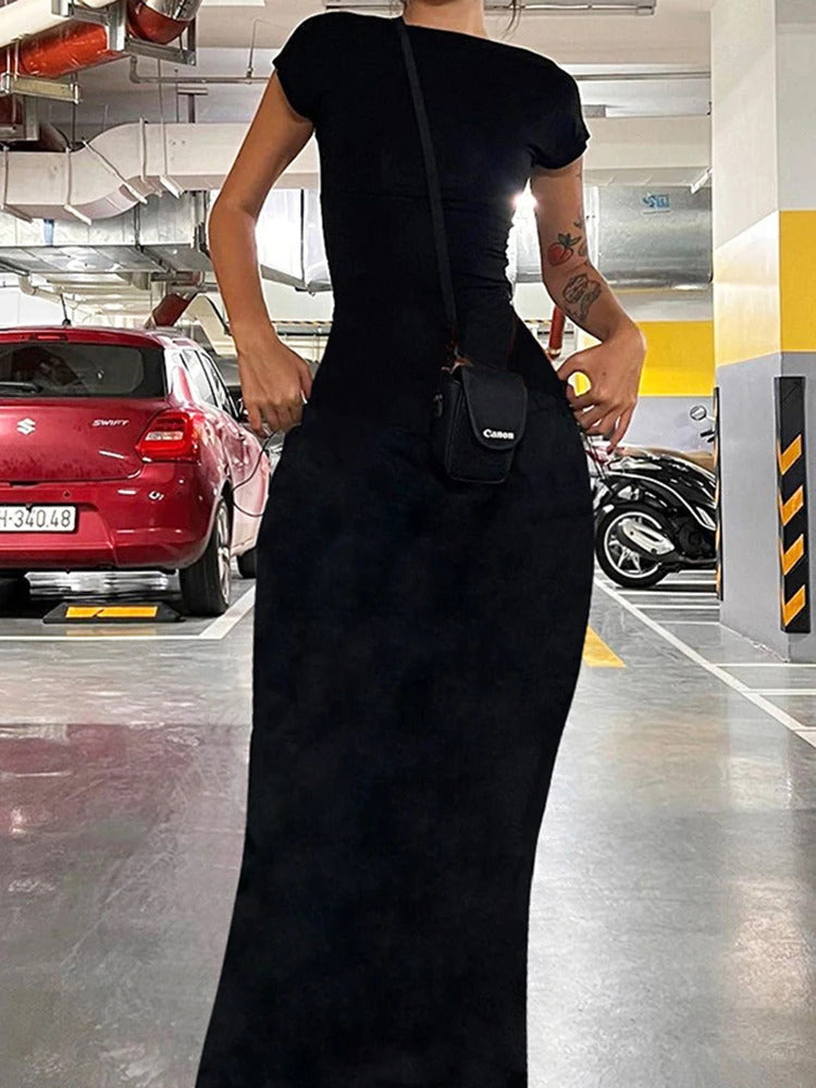 IAMSURE Elegant Basic Solid Backless Straight Dress Fashion Casual O-Neck Short Sleeveless Maxi Dresses For Women 20233 Summer