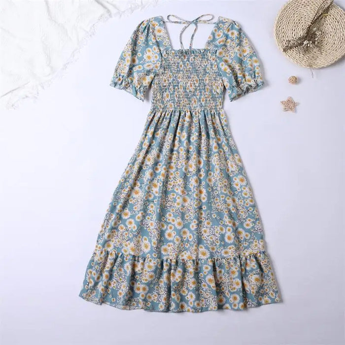 Women Chiffon Dresses Pleated Beach Holiday Short Sleeve Square Collar Casual Dress Woman Midi Dress Bohemian Mujer Vestidos