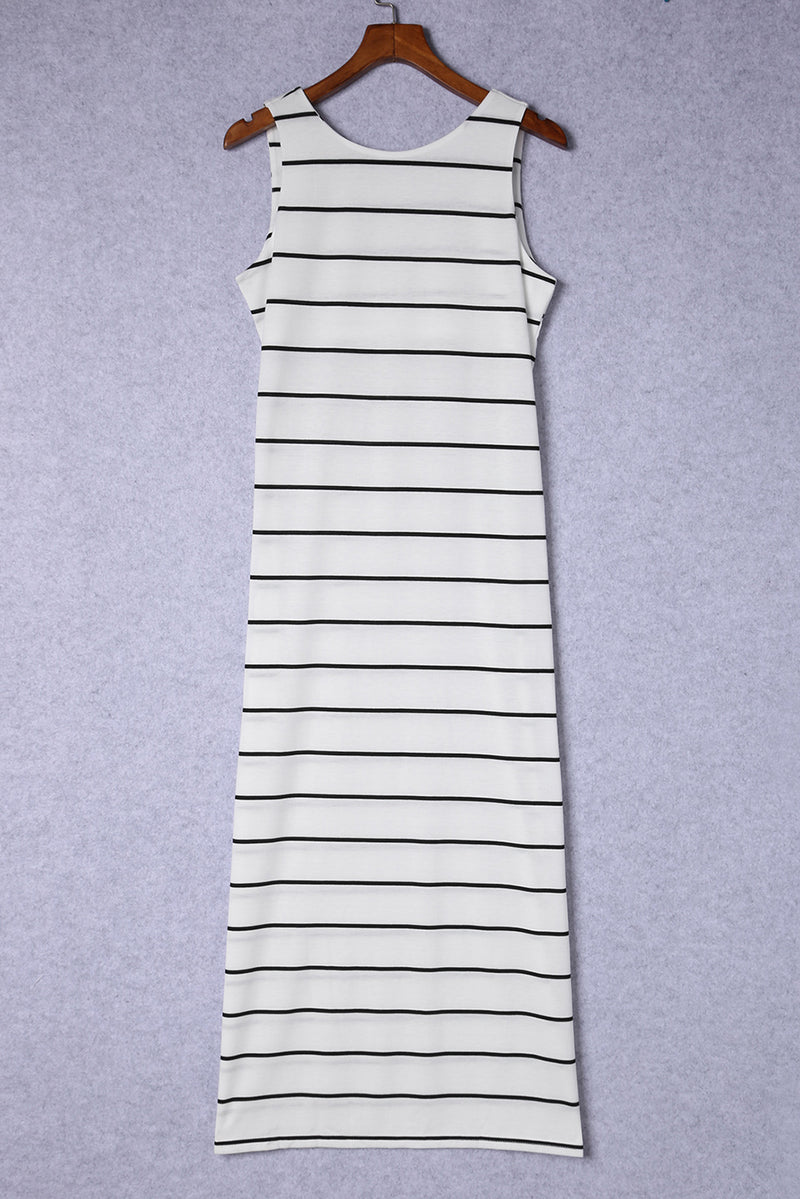 Women's Stripe Print Open Back Sleeveless Tank Maxi Dress with Slits