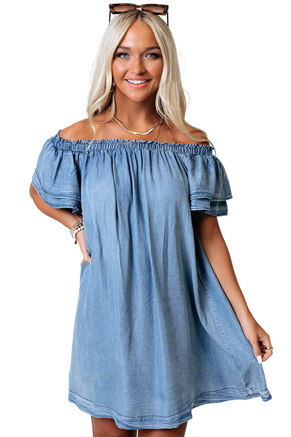 Women's Off-shoulder Ruffle Sleeves Chambray Dress