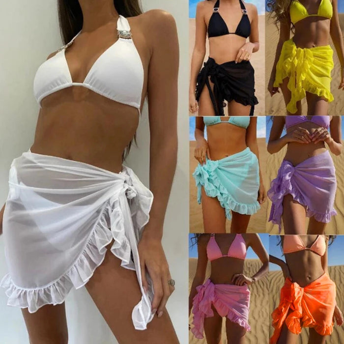 Women Chiffon See-Through Beach Bikini Cover Up Wrap Scarf Swimwear Pareo Sarong Dress Solid Ruffle Casual Beach Dress Decorate