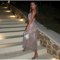 Women Chic Sequin Glitter Long Sling Dress Sexy Slim Sleeveless Backless Maxi Dresses Lady Fashion Elegant Party Evening Robes