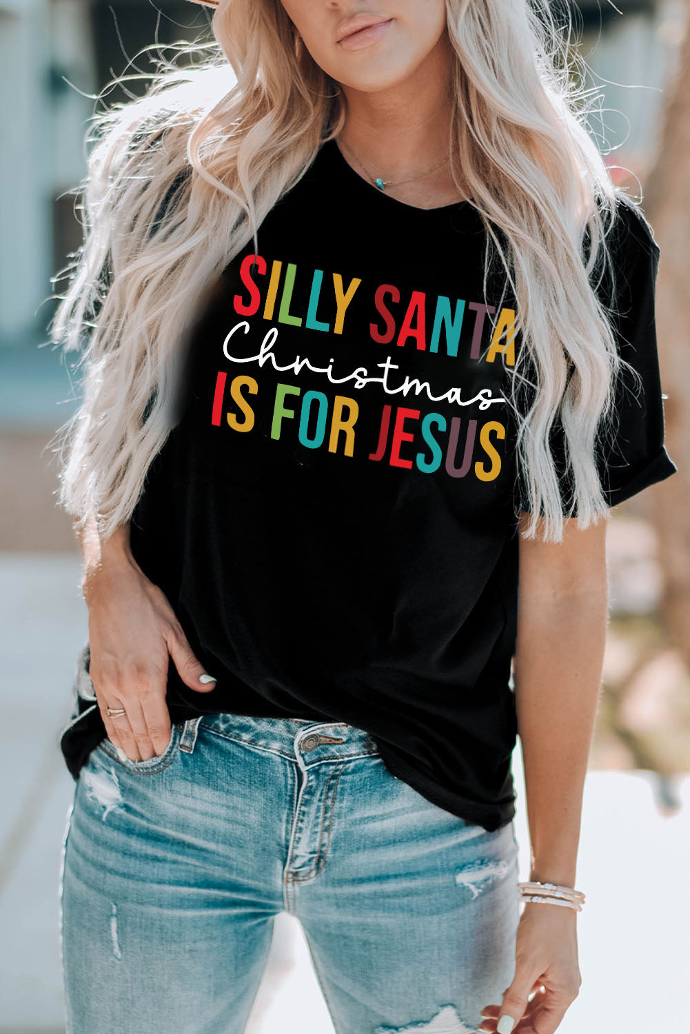 Black Silly Santa Christmas is For Jesus Graphic T Shirt