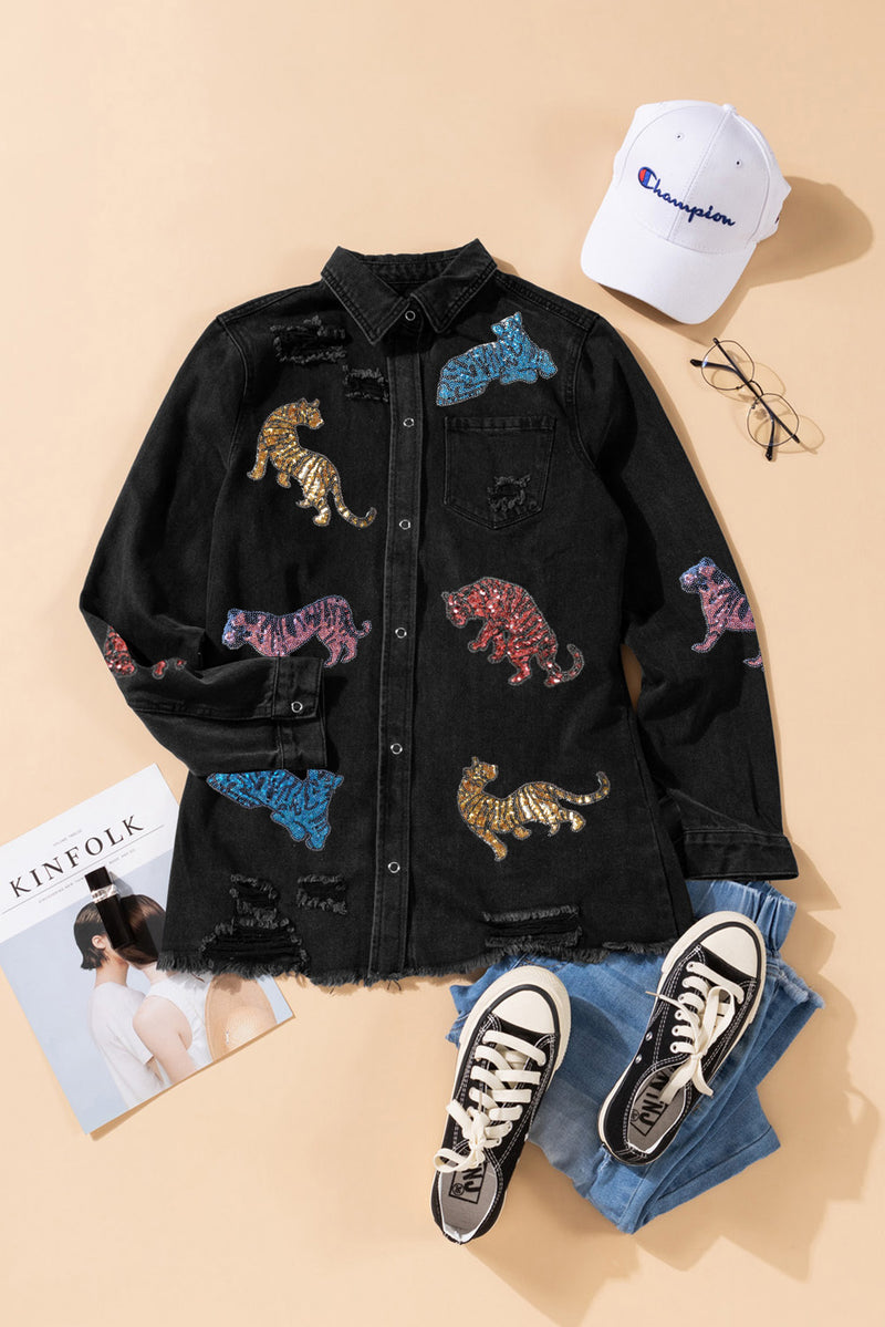 Black Glitter Tigers Graphic Raw Hem Frayed Denim Jacket