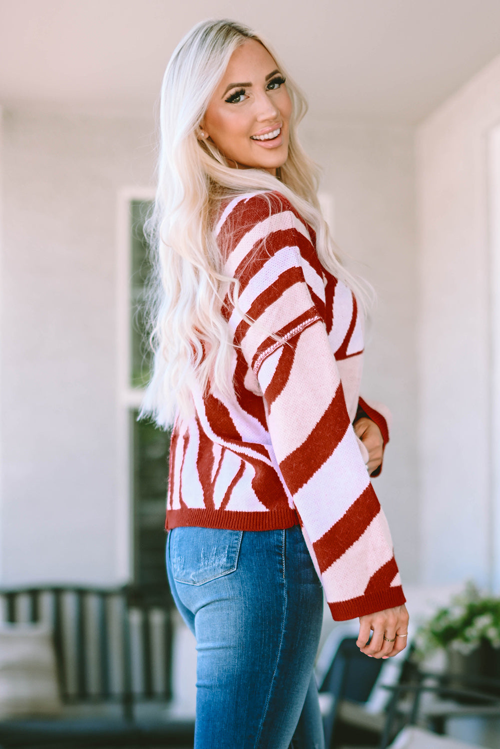 Red Mix Pattern Knit Ribbed Trim Oversize Sweater