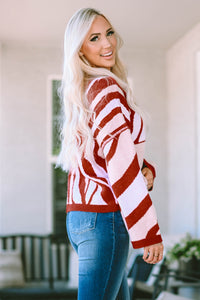 Red Mix Pattern Knit Ribbed Trim Oversize Sweater