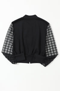 Black Latticed Mesh Sleeve Zip Up Bomber Jacket