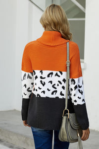 Orange Turtleneck Splicing Chunky Knit Pullover Sweater