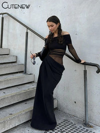 Cutenew Mesh Ruched Women Maxi Dress Sexy See Through Off Shoulder Long Sleeve Sheath Vestidos Female Midnight Party Solid Robe